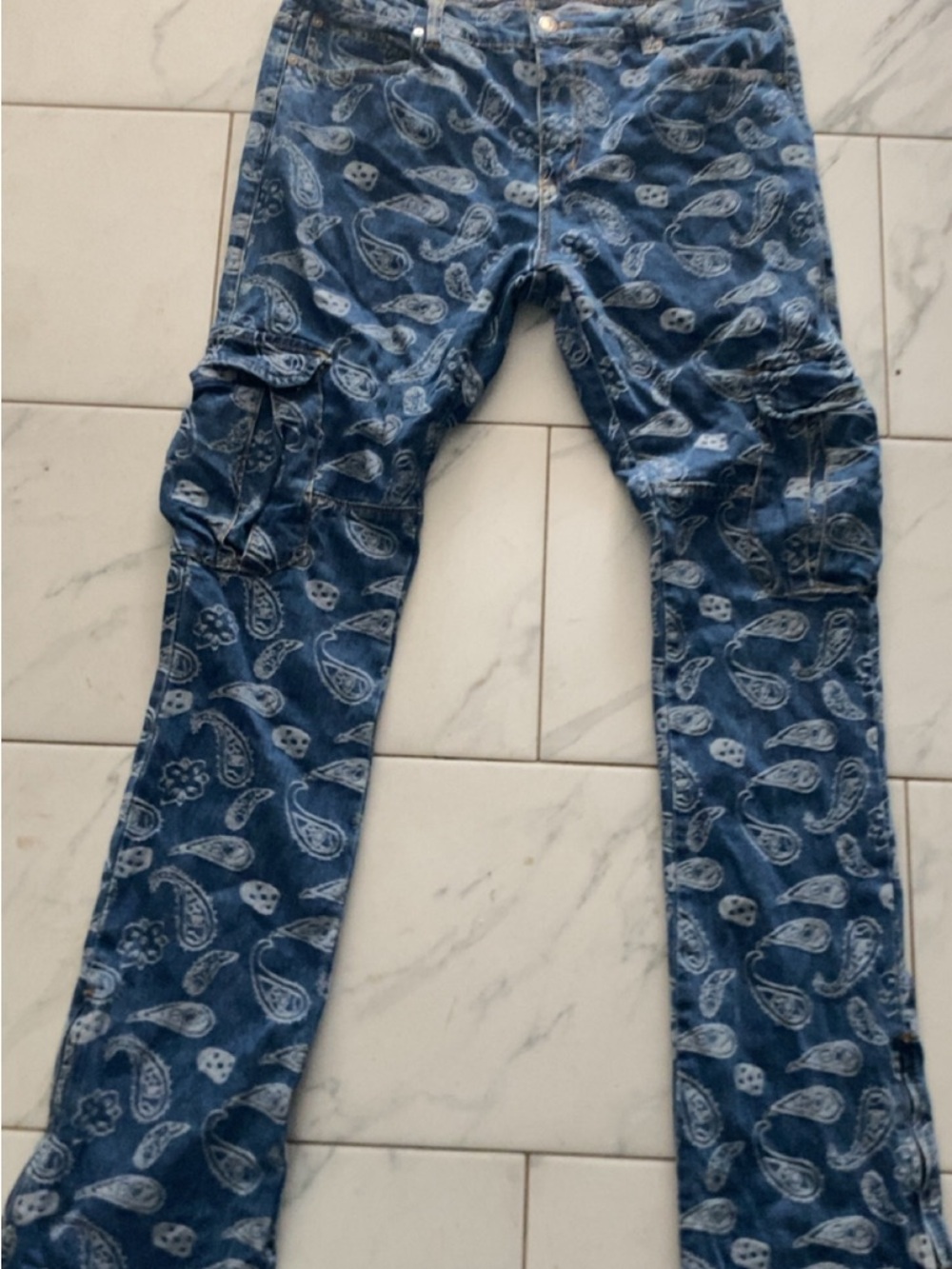 Men's Blue Paisley Bootcut Cargo Jeans